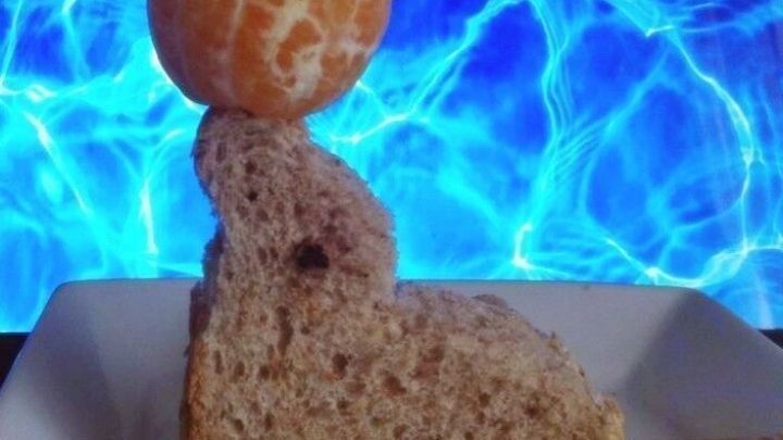Eine Robbe aus Toastbrot balanciert eine Mandel orange auf ihrem Kopf, w&auml;hrend sie vor einer blauen Wasserhintergrund leuchtet.