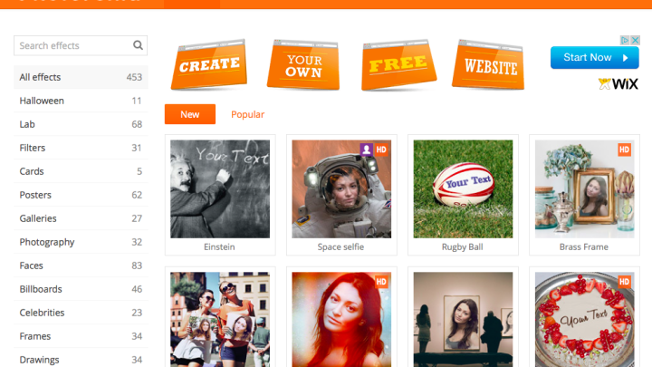 Eine Webseite zeigt verschiedene Fotoeffekte zur Bearbeitung von Bildern, geordnet nach Kategorien und Beliebtheit.