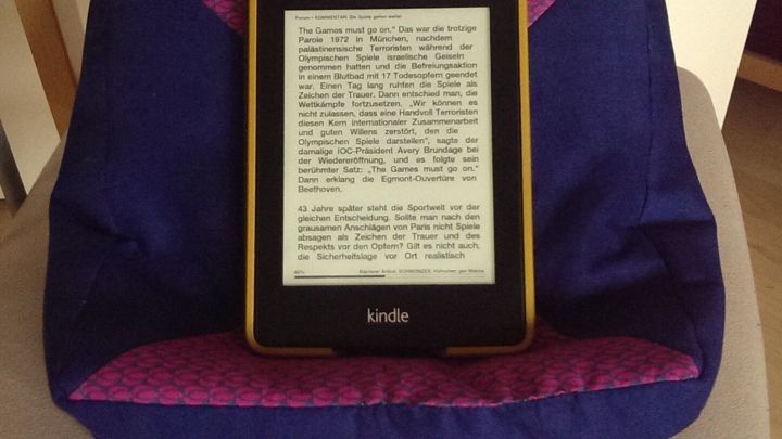 Ein Mini-Sitzsack dient als Lesekissen, auf dem ein E-Book-Reader fixiert ist, ideal zum entspannten Lesen.