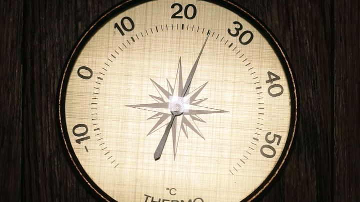 Ein Thermometer zeigt bei etwa 20 Grad Celsius. Es ist im Kontext eines Holzinterieurs platziert, was auf Winterheizung hindeutet.