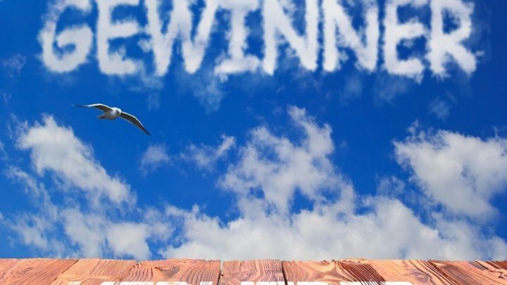 Wolken formen die W&ouml;rter "GEWINNER" und "VERLIERER" &uuml;ber einem Holzboden, w&auml;hrend V&ouml;gel im Himmel fliegen.
