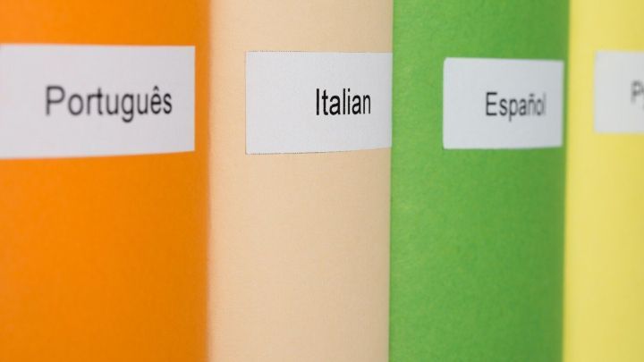 Bunte Buchr&uuml;cken zeigen verschiedene Sprachen wie Portugiesisch, Italienisch und Spanisch, um Sprachvokabeln zu lernen.