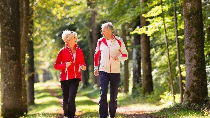 Zwei Senioren in Sportkleidung joggen entspannt auf einem schmalen Pfad durch einen gr&uuml;nen Wald. Ideal f&uuml;r Bewegung und Abnehmen.