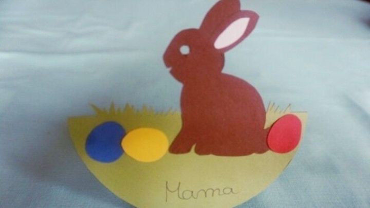 Eine Osterkarte zeigt einen braunen Hasen, der auf einer bunten Wiese mit Eiern sitzt, beschriftet mit "Mama".
