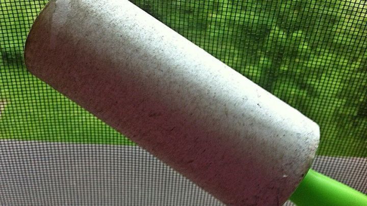 Eine Fusselrolle reinigt ein Fliegengitter, w&auml;hrend im Hintergrund das gr&uuml;ne Au&szlig;enlicht durchscheint.