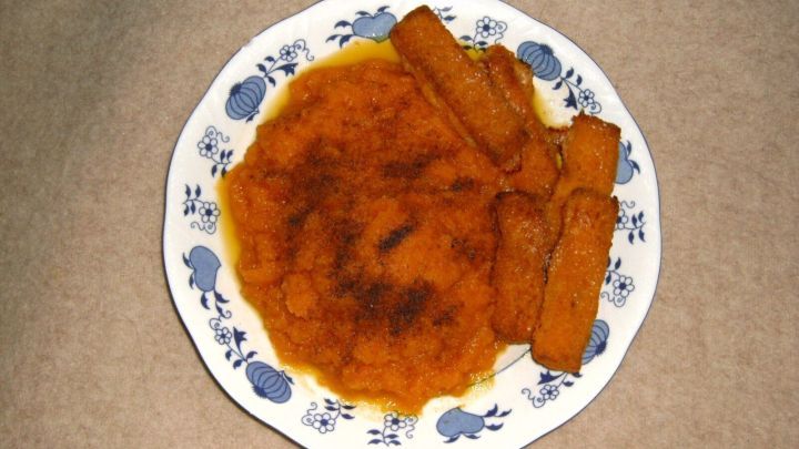 Auf einem Teller liegt orangefarbenes Karottenp&uuml;ree, daneben liegen knusprige Fischst&auml;bchen, serviert auf einem gemusterten Teller.