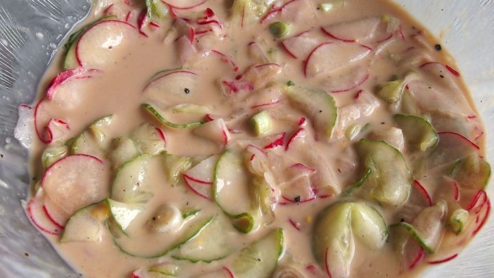 Ein cremiger Radieschen-Gurkensalat wird in einer Sch&uuml;ssel angerichtet, umgeben von frischen Zutaten und einer appetitlichen Sauce.