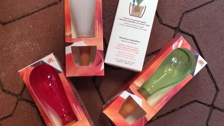 Bew&auml;sserungsballons f&uuml;r Zimmerpflanzen sind in verschiedenen Farben, verpackt auf einem braunen Untergrund.