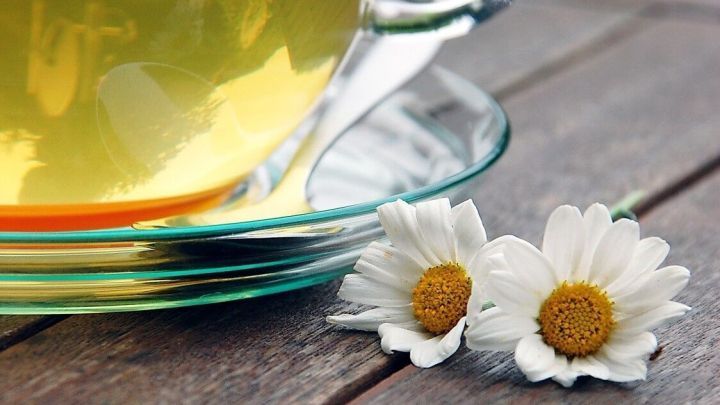 Eine dampfende Tasse Kr&auml;utertee steht auf einem Holztisch, umgeben von frischen Margeriten, die nat&uuml;rliche Heilung symbolisieren.