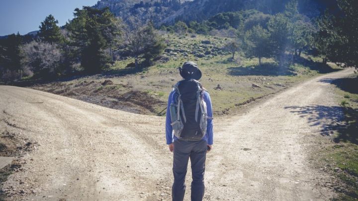 Ein Wanderer steht an einer Weggabelung und &uuml;berlegt, welchen Pfad er im Leben w&auml;hlen soll. Klarer Himmel, gr&uuml;ne Umgebung.