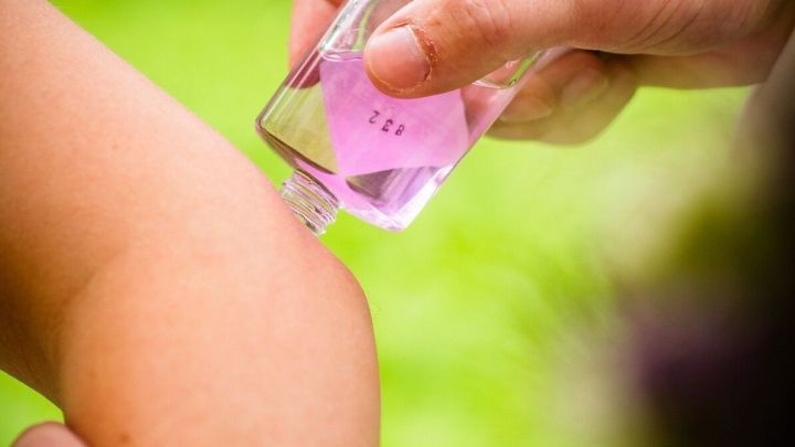 Eine Hand tr&auml;gt H&auml;nde-Desinfektionsgel auf einen M&uuml;ckenstich am Arm auf, um die Haut im gr&uuml;nen Umfeld zu beruhigen.