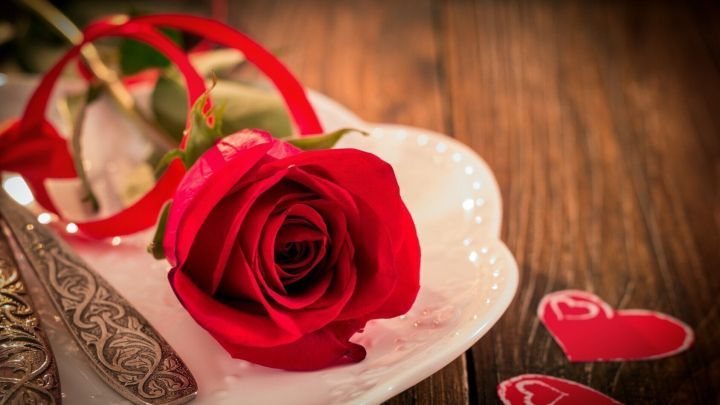 Eine rote Rose liegt dekorativ auf einem wei&szlig;en Teller, umgeben von Herzen und Besteck auf einem Holztisch.