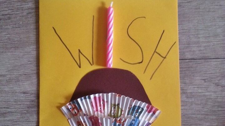 Eine bunte Muffin-Geburtstagskarte zeigt eine Kerze auf einem Muffin, umgeben von gelbem Hintergrund und dem Wort "WISH".