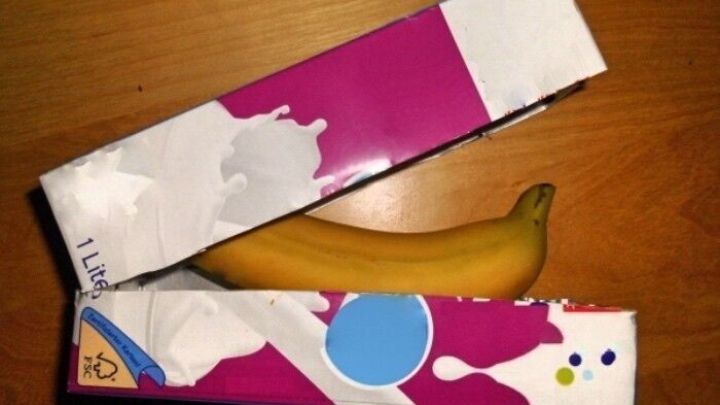 Eine Bananen-Transportbox aus Tetra Pak liegt offen auf einem Holztisch, w&auml;hrend eine Banane darin liegt und gewartet wird.