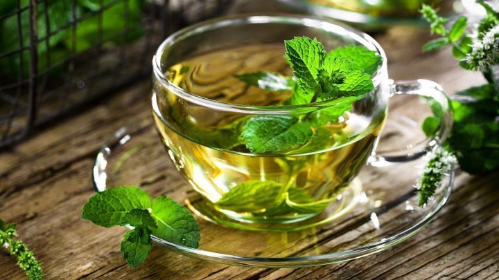 Eine klare Tasse mit gr&uuml;nem Tee und frischen Minzbl&auml;ttern steht auf einem rustikalen Holztisch, umgeben von Natur.