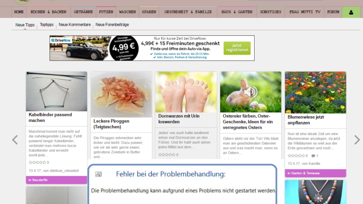 Ein graues Pop-up-Fenster warnt auf einer Website vor Problemen im Umgang mit Tipps zur Problembearbeitung.