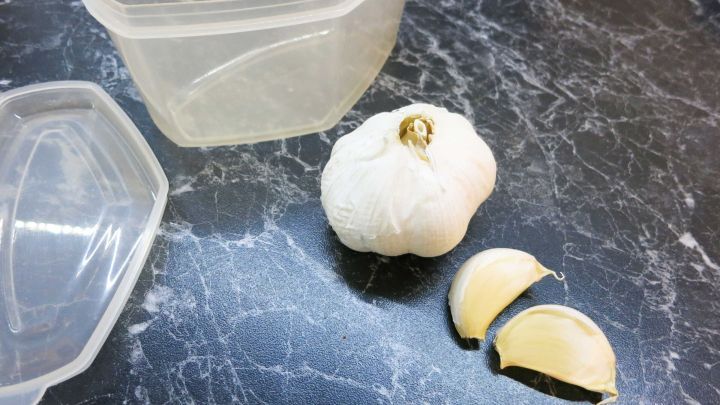 Eine frische Knoblauchknolle liegt neben einer ge&ouml;ffneten Plastikkonserve und einigen gesch&auml;lten Zehen auf der Arbeitsplatte.