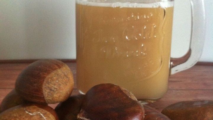 Ein Glas Maronen-Chai-Latte steht auf einem Holztisch, umgeben von frischen Maronen, die herbstliche Stimmung verleihen.