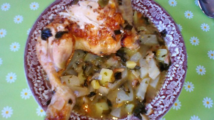 Ein Teller Kohlrabi-Eintopf mit H&auml;hnchenfl&uuml;gel liegt vor einem gr&uuml;nen Tisch. Das Gericht ist bunt und appetitlich angerichtet.