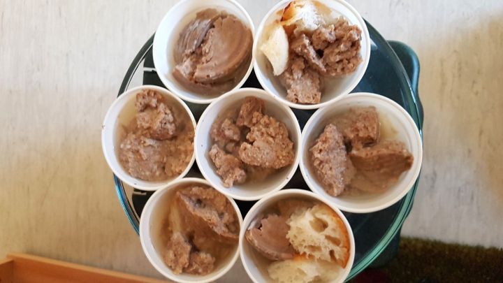 Schalen mit Hundeeis stehen auf einem Tablett. Das Eis ist geschmolzen und verteilt sich in den Bechern, ideal f&uuml;r hei&szlig;e Tage.