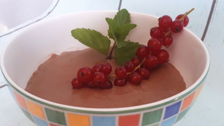 In einer bunten Sch&uuml;ssel liegt eine cremige vegane Mousse, dekoriert mit roten Johannisbeeren und frischer Minze.