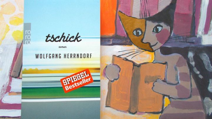 Ein Buchcover von "Tschick" zeigt den Titel und den Autor Wolfgang Herrndorf, umgeben von bunten, k&uuml;nstlerischen Hintergr&uuml;nden.