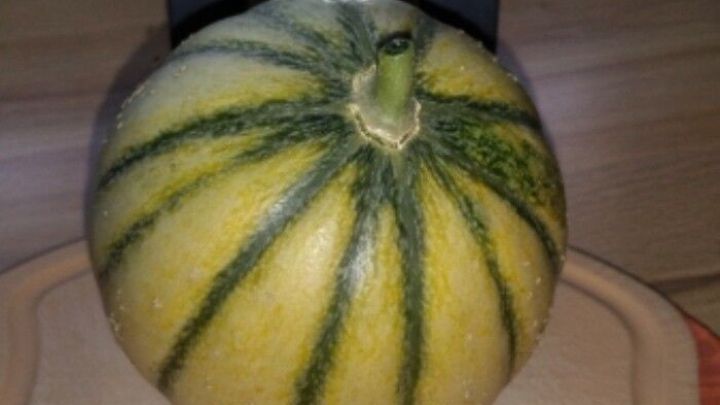 Eine Zuckermelone liegt auf einem Schneidebrett vor einem digitalen Thermometer, w&auml;hrend die Uhrzeit und Temperatur angezeigt werden.