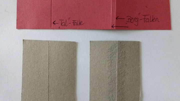 Zwei gefaltete Papiere in verschiedenen Farben liegen auf einem Tisch, w&auml;hrend eine Anleitung zum Falten sichtbar ist.