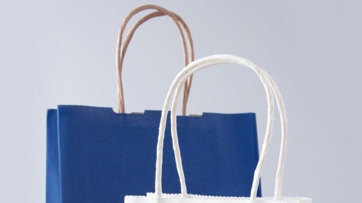 Zwei Papiertaschen mit Kordel stehen auf einem Holzboden, eine blau und eine wei&szlig;, bereit zur Wiederverwendung.