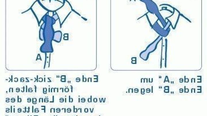 Eine Anleitungsserie zum Binden einer Fliege in sechs Schritten. Text zeigt detaillierte Anweisungen in deutscher Sprache.