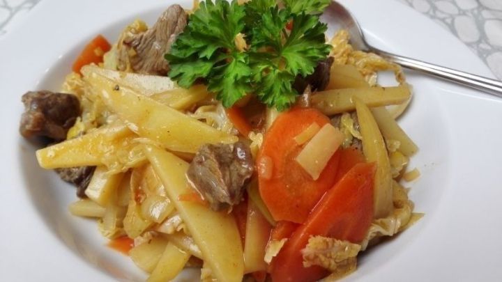 Ein bunter Wintertopf mit zartem Rindfleisch und frischem Gem&uuml;se liegt auf einem wei&szlig;en Teller, garniert mit Petersilie.