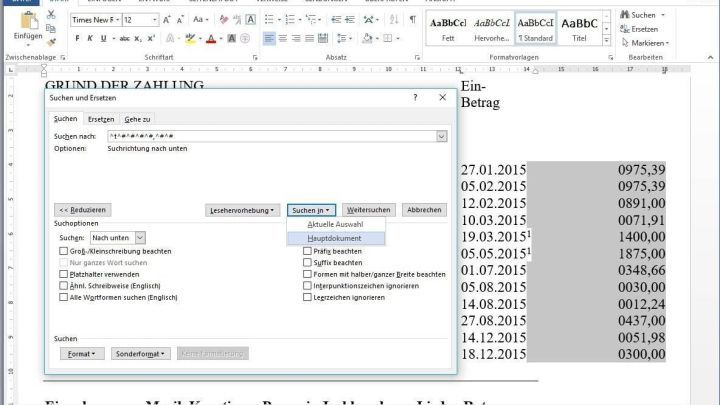 Im Word-Fenster wird ein Dialogfeld angezeigt, in dem Suchergebnisse markiert werden, w&auml;hrend eine Tabelle rechts zu sehen ist.