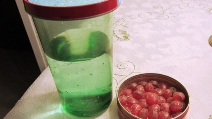 Ein gr&uuml;nes Trinkglas steht neben einer Dose mit roten Beeren. Das Glas scheint abgedeckt zu sein, um Insekten fernzuhalten.
