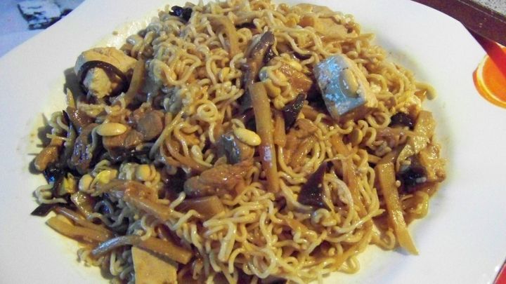 Ein Teller mit Jiachang Doufu zeigt gebratene Nudeln, die mit verschiedenen Zutaten in einer heimischen K&uuml;che serviert werden.