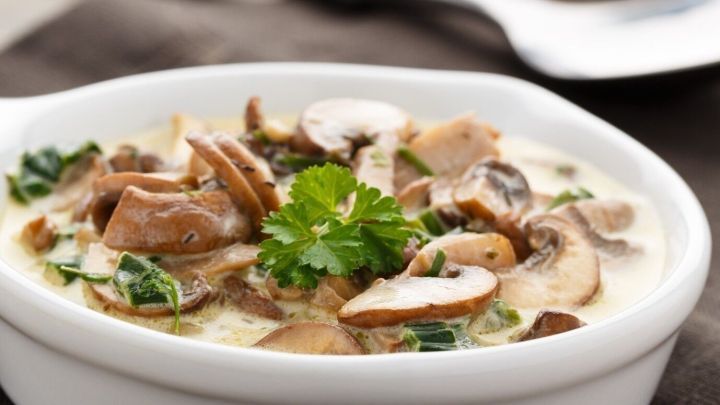 Ein cremiges Pilzgericht befindet sich in einer wei&szlig;en Sch&uuml;ssel, garniert mit frischem Koriander, auf einem braunen Tuch.