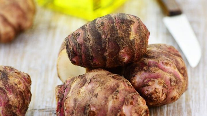 Topinamburknollen liegen auf einem Holzbrett, daneben steht eine Flasche &Ouml;l und ein kleines Messer.
