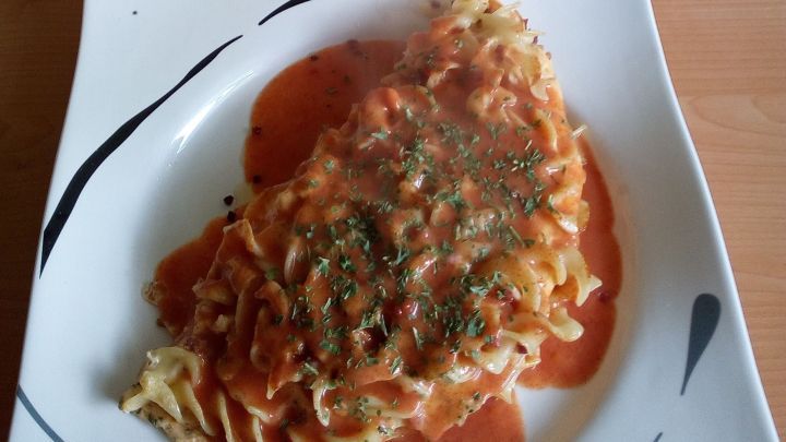 Ein Nudel-Omelett liegt auf einem wei&szlig;en Teller, umgeben von einer roten So&szlig;e, und wird appetitlich pr&auml;sentiert.