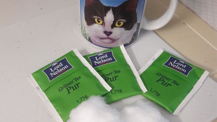 Ein Kaffeebecher mit einem Katzengesicht steht neben gr&uuml;nen Teebeuteln, die f&uuml;r das Wimpernwachstum verwendet werden.