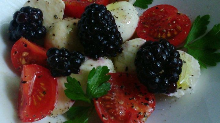 Ein bunter Salat aus Mozzarella, frischen Brombeeren und Tomaten liegt in einer schlichten wei&szlig;en Sch&uuml;ssel, umgeben von Petersilie.