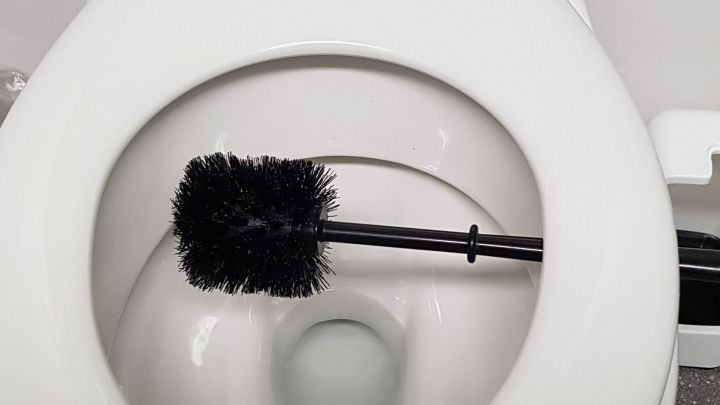 Eine Toilettenb&uuml;rste liegt im Inneren der Toilette und ist bereit, zur Desinfektion verwendet zu werden.