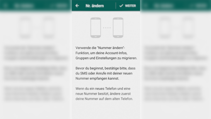 Ein Bildschirm zeigt die Option, die Handynummer in WhatsApp zu &auml;ndern, mit Anweisungen zur Sicherung alter Unterhaltungen.