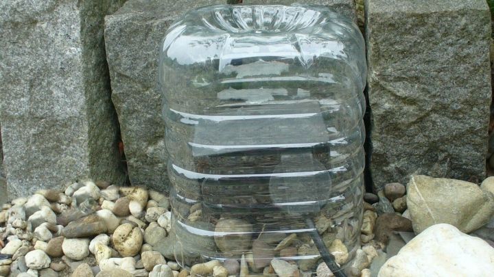 Eine durchsichtige Kunststoffabdeckung sch&uuml;tzt eine Au&szlig;ensteckdose vor Feuchtigkeit, umgeben von Steinen und Kies.