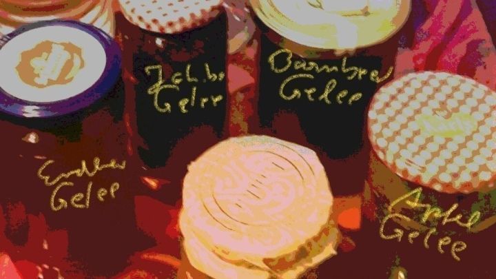 Bunte Gl&auml;ser mit verschiedenen Fruchtgelees stehen auf einem Tisch, bereit, um in Limonade verwendet zu werden.