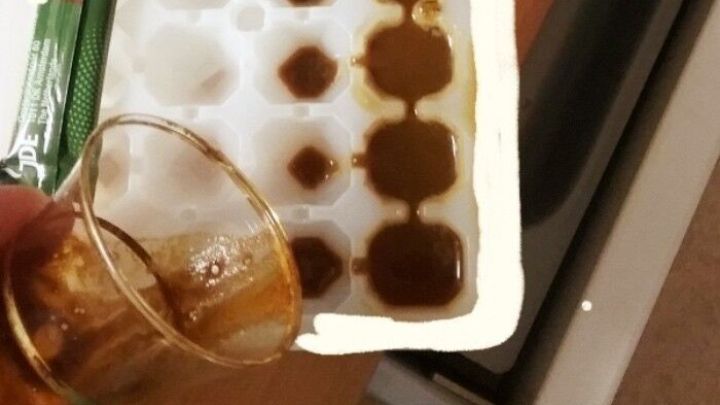 Eine Eisschale mit gefrorenen Mini-Espresso-Eispralinen steht auf einem Tisch neben einem Honigglas und weiteren Utensilien.