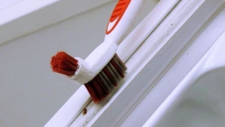 Eine B&uuml;rste reinigt die Dichtung eines K&uuml;hlschranks, w&auml;hrend sie auf einem wei&szlig;en Untergrund steht.