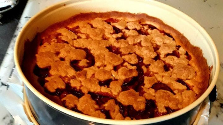 Ein runder Kuchen, der frisch gebacken wurde, steht in einer Backform auf einer K&uuml;chenarbeitsplatte und zeigt eine goldene M&uuml;rbeteig-Oberfl&auml;che.