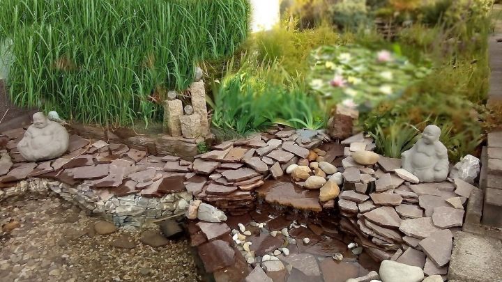 Die Teichumrandung aus wetterfester Balkonverkleidung wird harmonisch in die Gartenlandschaft integriert mit verschiedenen Steinen.