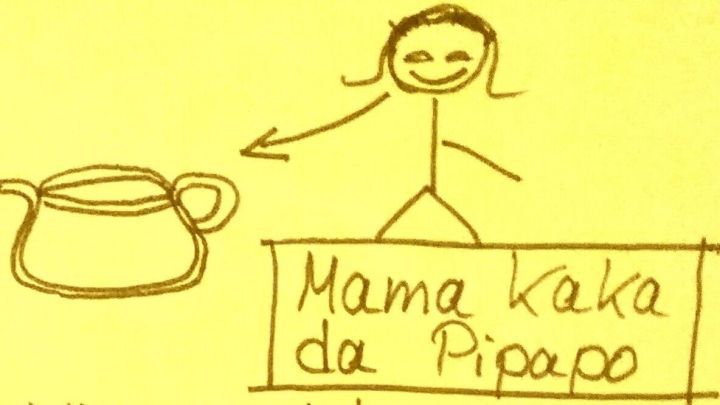 Eine einfache Zeichnung zeigt eine Figur, die auf einen Tisch mit dem Text "Mama kaka da Pipapo" zeigt; links steht ein Topf. Webseite: www.sicheres-passwort.diy.