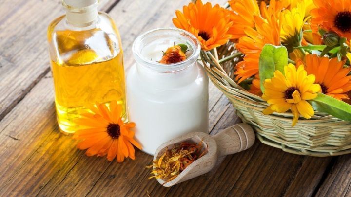 Ein Glas mit Melkfett und Ringelblumen steht neben einer Flasche &Ouml;l auf einem Holztisch, umgeben von frischen Ringelblumen.