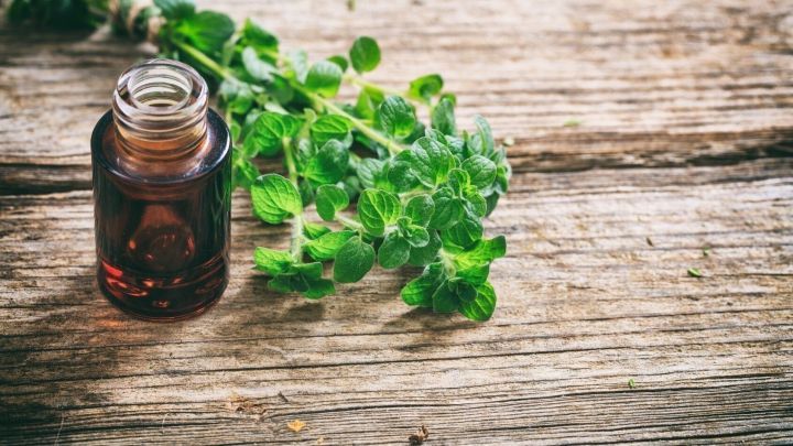Ein braunes Fl&auml;schchen mit Oregano-&Ouml;l steht auf einer Holzoberfl&auml;che neben frischen Oregano-Bl&auml;ttern, als nat&uuml;rliche L&ouml;sung gegen Nagelpilz.